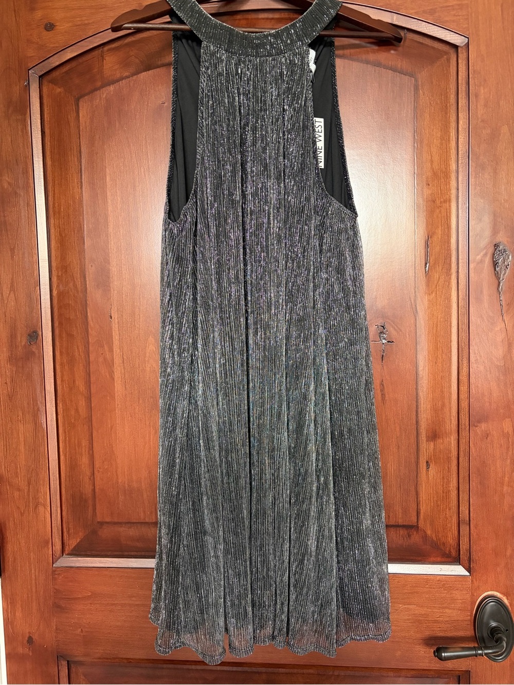 Nine West Metallic Pleated Halter Dress XXL Silver Black Shimmer